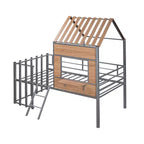Metal House Loft Bed for Kids, Twin Size Loft Bed Frame with Roof & Window