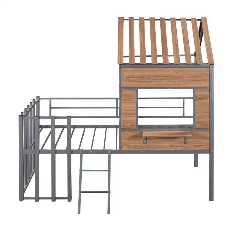 Metal House Loft Bed for Kids, Twin Size Loft Bed Frame with Roof & Window