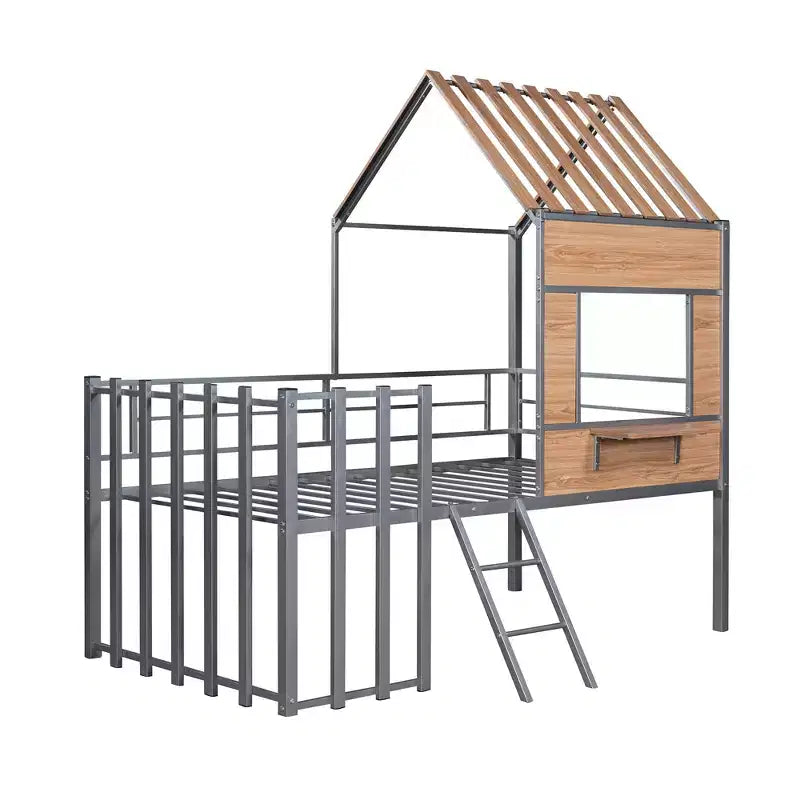 Metal House Loft Bed for Kids, Twin Size Loft Bed Frame with Roof & Window