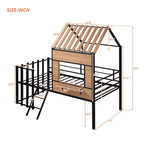 Metal House Loft Bed for Kids, Twin Size Loft Bed Frame with Roof & Window