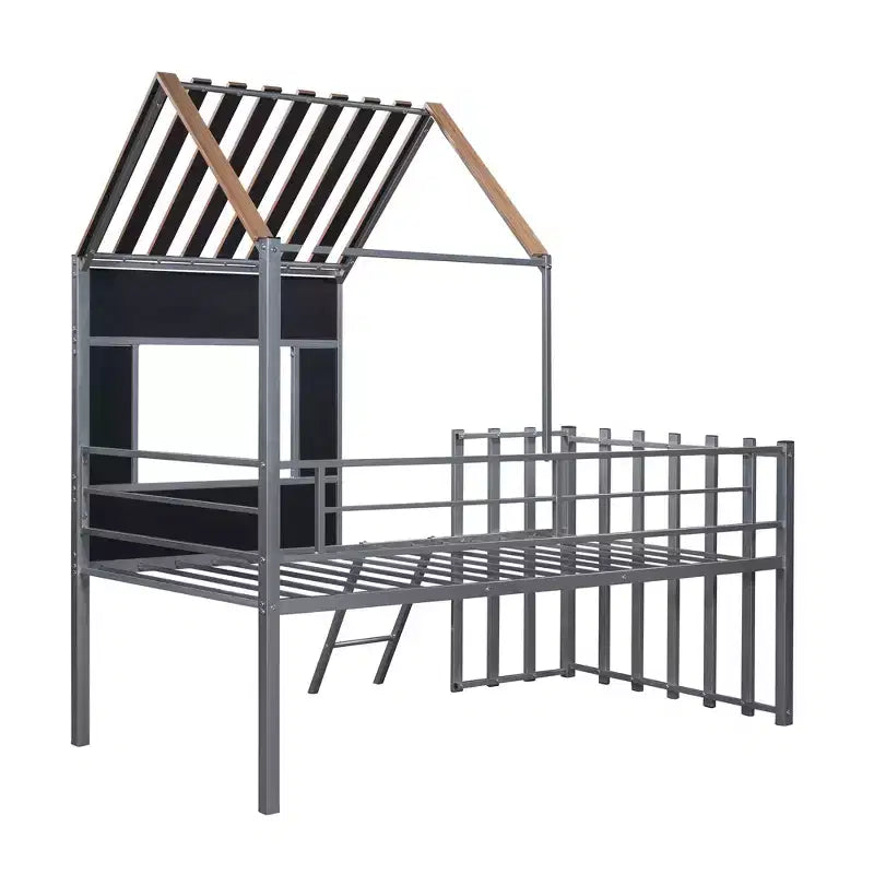 Metal House Loft Bed for Kids, Twin Size Loft Bed Frame with Roof & Window