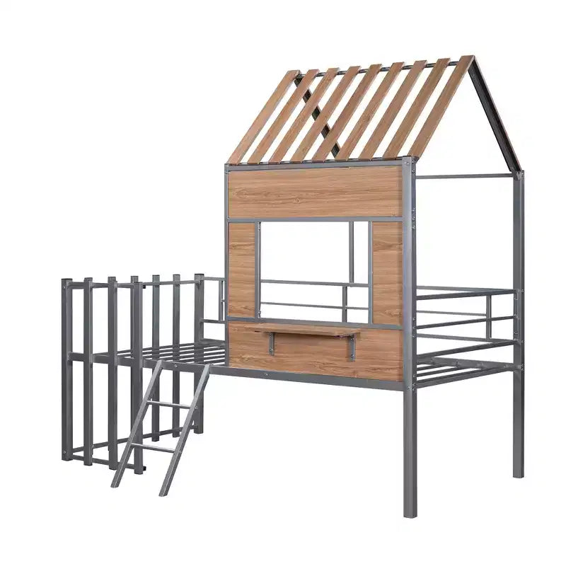 Metal House Loft Bed for Kids, Twin Size Loft Bed Frame with Roof & Window