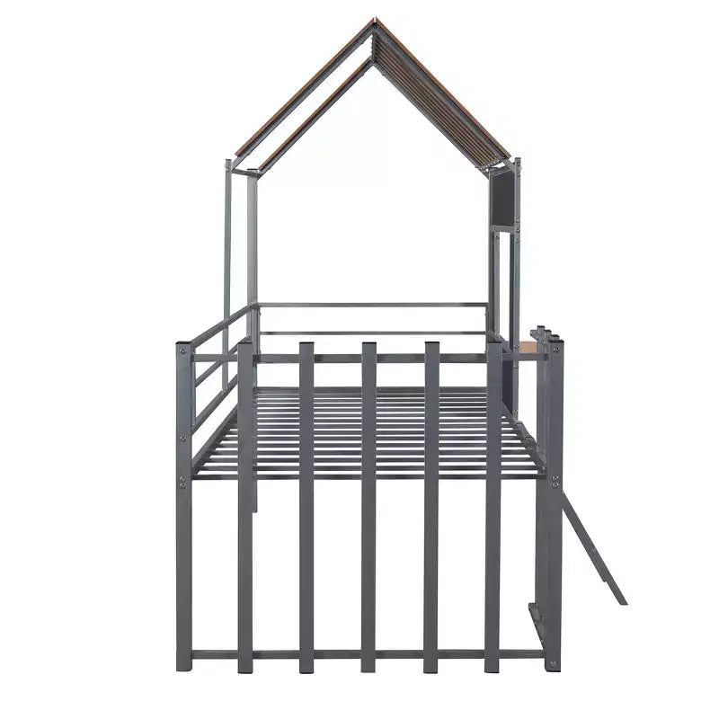 Metal House Loft Bed for Kids, Twin Size Loft Bed Frame with Roof & Window