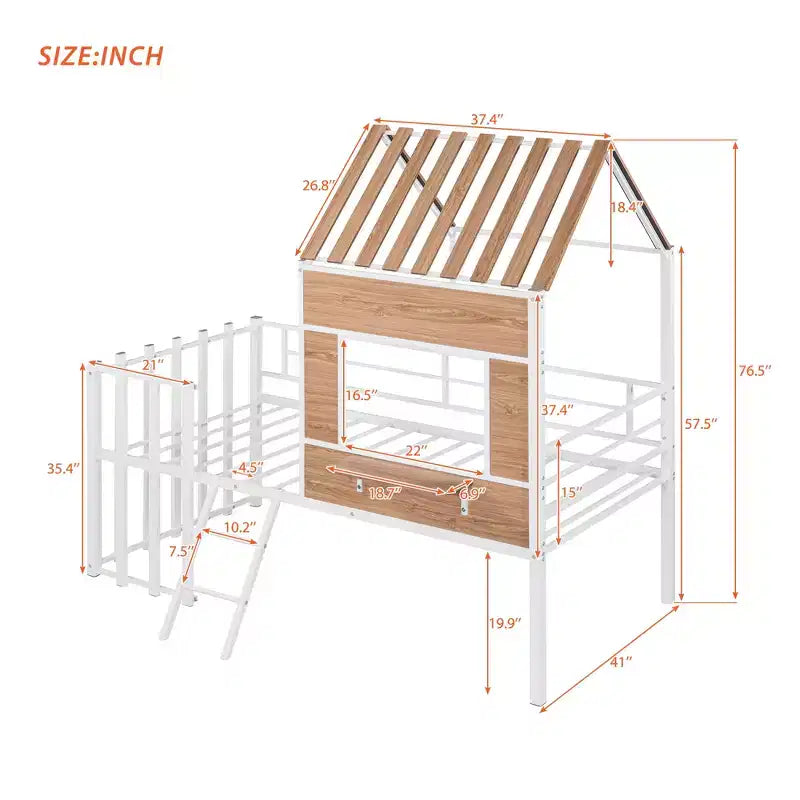 Metal House Loft Bed for Kids, Twin Size Loft Bed Frame with Roof & Window