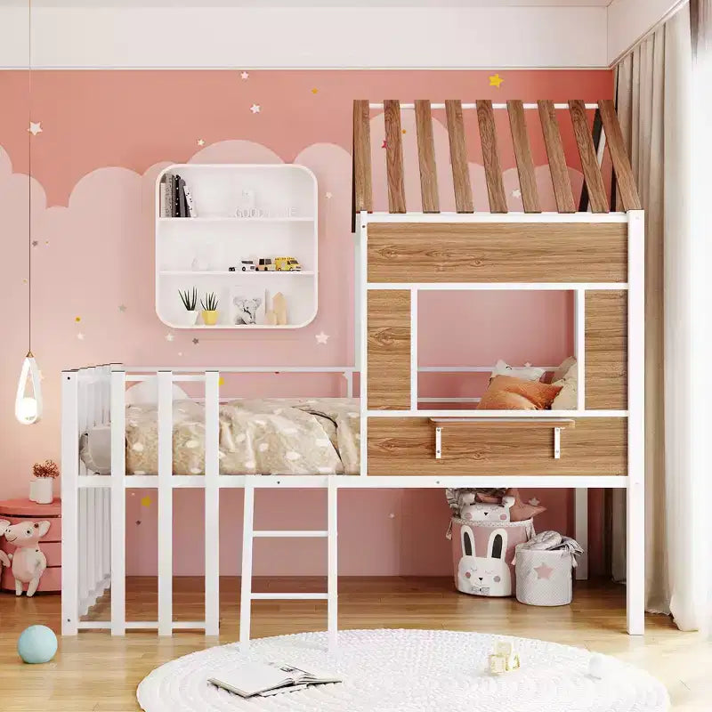 Metal House Loft Bed for Kids, Twin Size Loft Bed Frame with Roof & Window