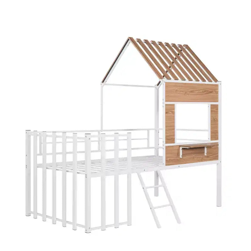 Metal House Loft Bed for Kids, Twin Size Loft Bed Frame with Roof & Window