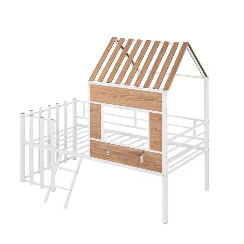 Metal House Loft Bed for Kids, Twin Size Loft Bed Frame with Roof & Window