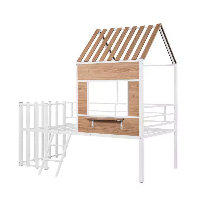Metal House Loft Bed for Kids, Twin Size Loft Bed Frame with Roof & Window