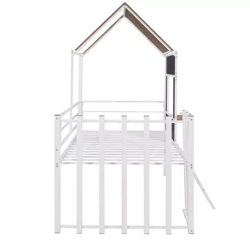 Metal House Loft Bed for Kids, Twin Size Loft Bed Frame with Roof & Window