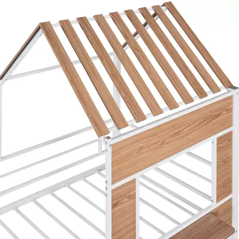 Metal House Loft Bed for Kids, Twin Size Loft Bed Frame with Roof & Window