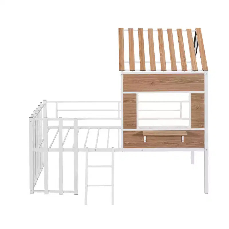Metal House Loft Bed for Kids, Twin Size Loft Bed Frame with Roof & Window