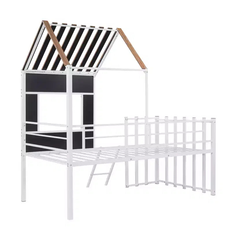 Metal House Loft Bed for Kids, Twin Size Loft Bed Frame with Roof & Window