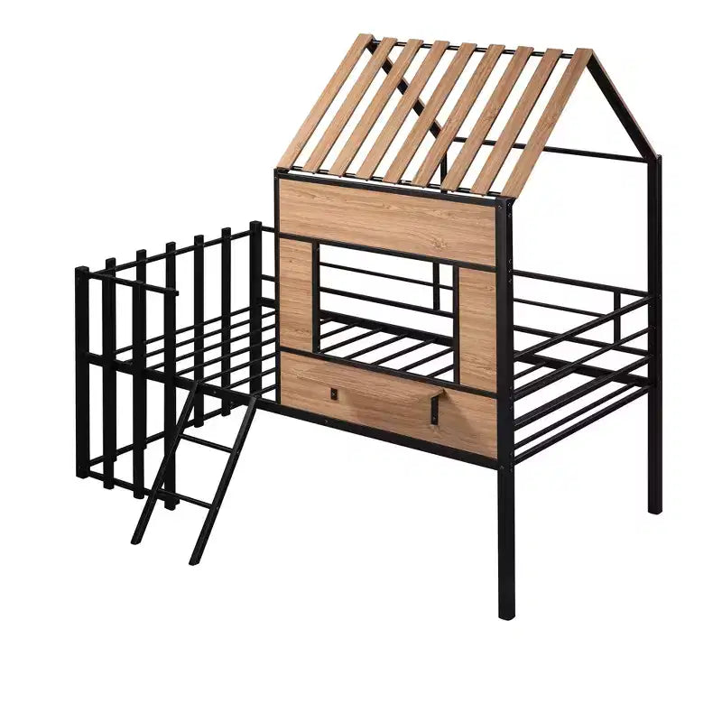 Metal House Loft Bed for Kids, Twin Size Loft Bed Frame with Roof & Window