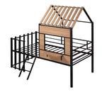 Metal House Loft Bed for Kids, Twin Size Loft Bed Frame with Roof & Window