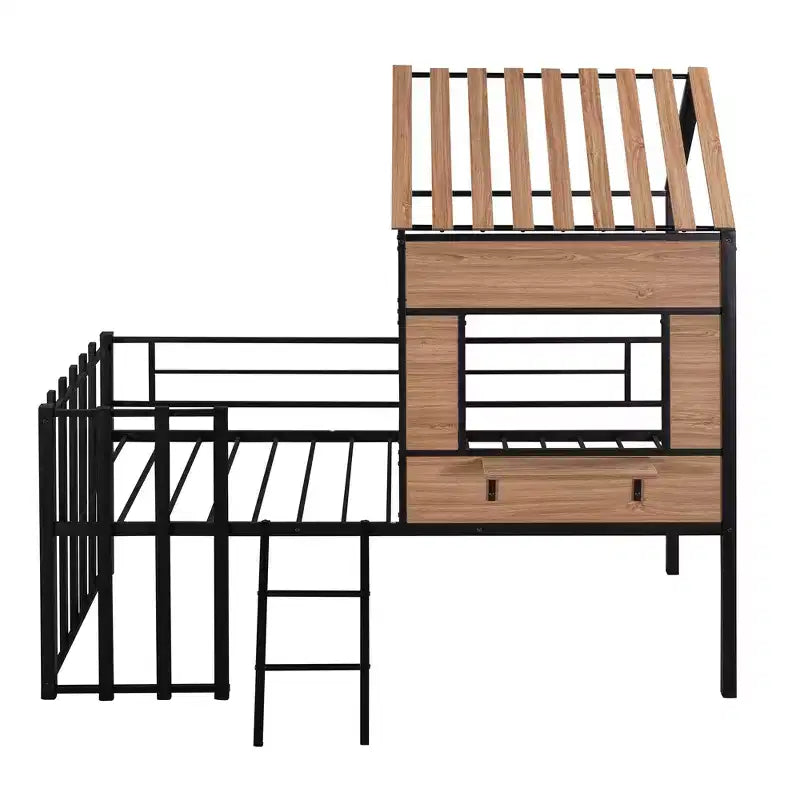 Metal House Loft Bed for Kids, Twin Size Loft Bed Frame with Roof & Window