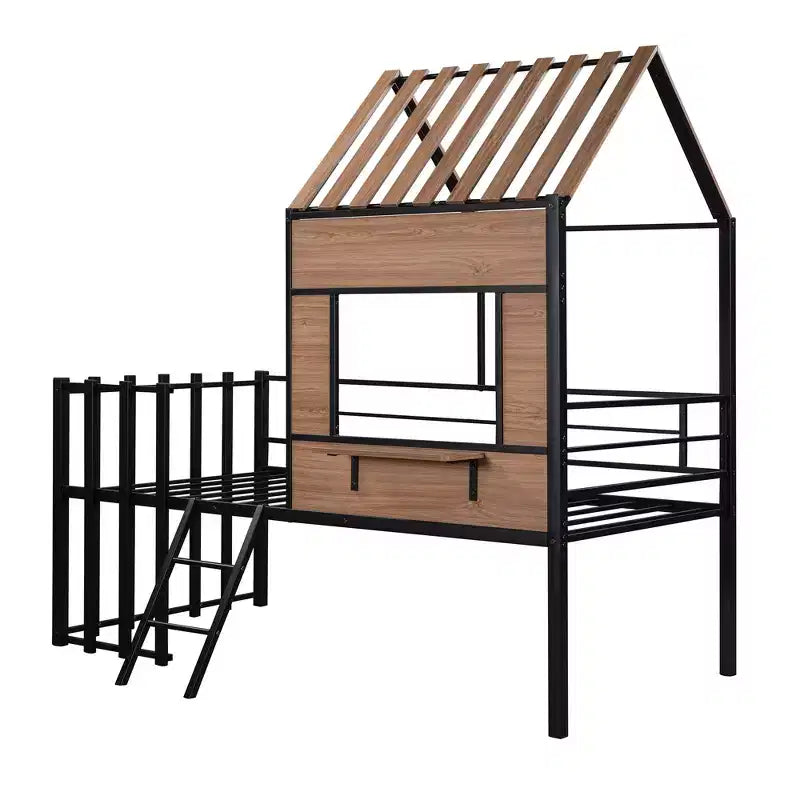 Metal House Loft Bed for Kids, Twin Size Loft Bed Frame with Roof & Window