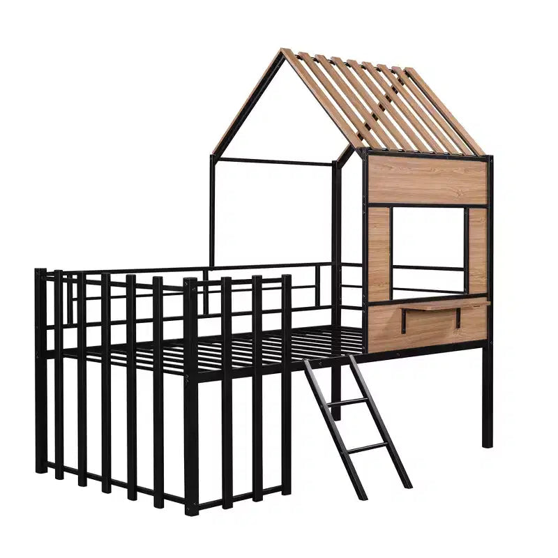 Metal House Loft Bed for Kids, Twin Size Loft Bed Frame with Roof & Window