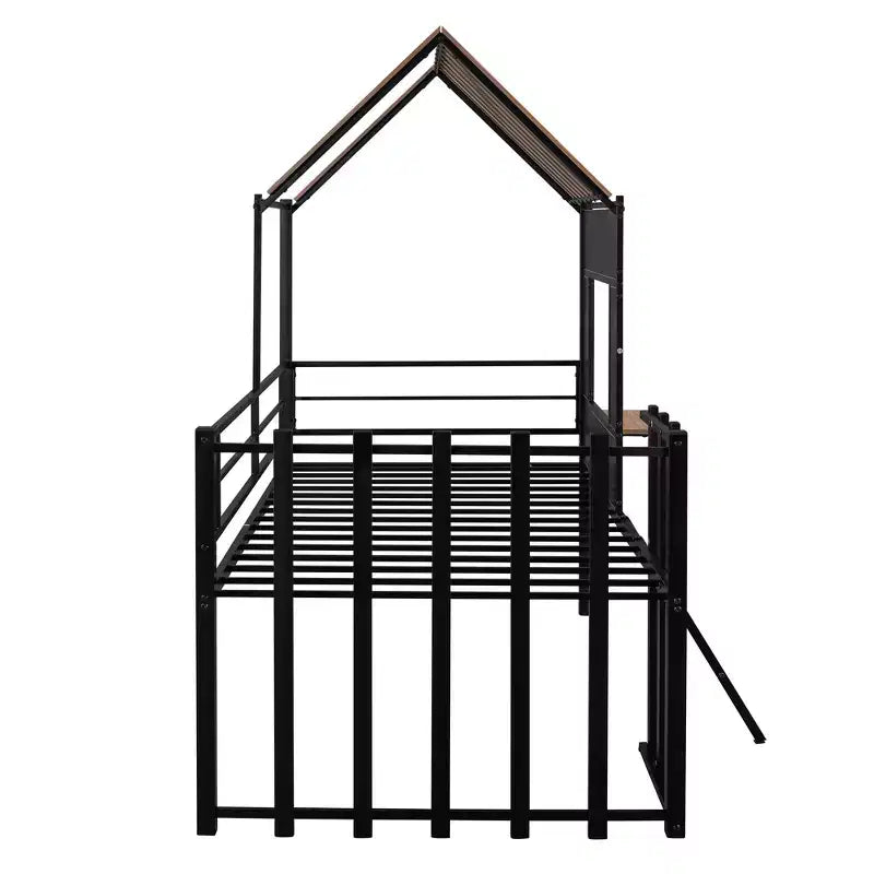 Metal House Loft Bed for Kids, Twin Size Loft Bed Frame with Roof & Window
