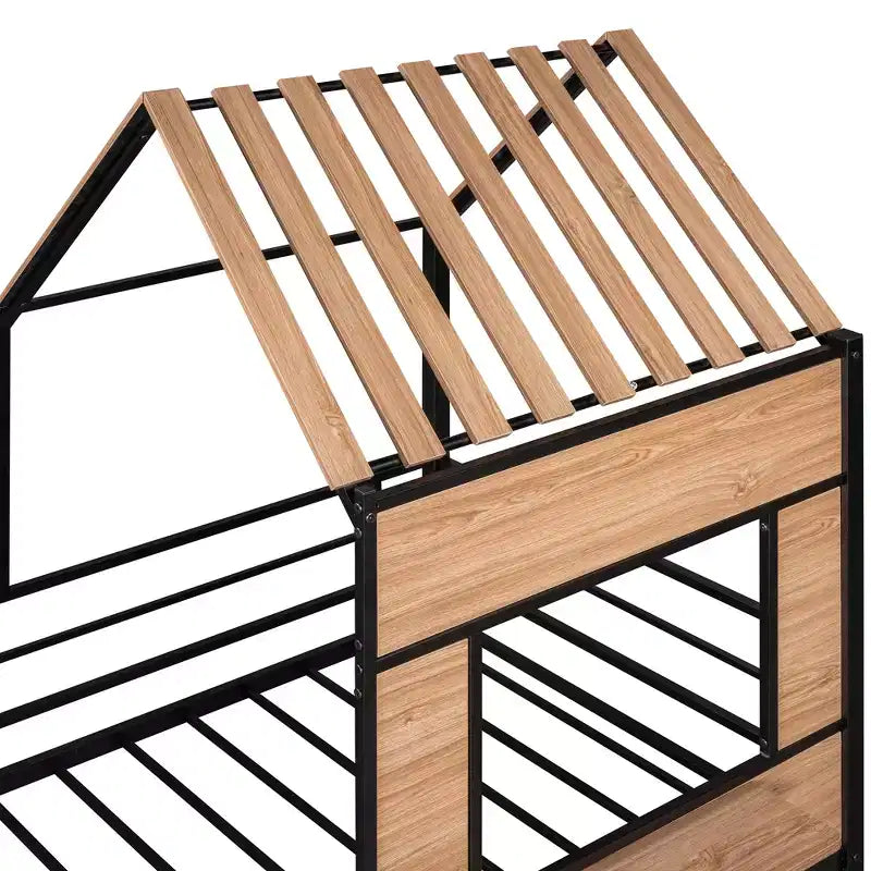 Metal House Loft Bed for Kids, Twin Size Loft Bed Frame with Roof & Window