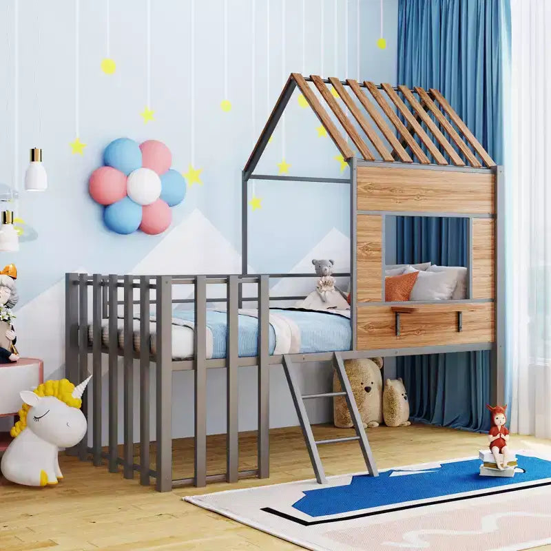 Metal House Loft Bed for Kids, Twin Size Loft Bed Frame with Roof & Window