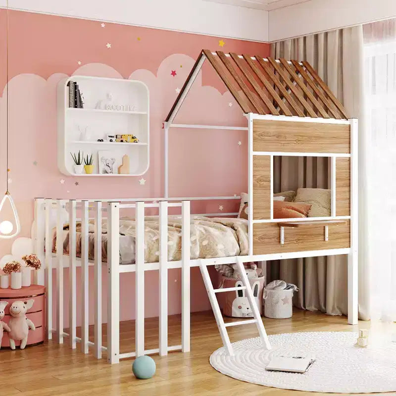Metal House Loft Bed for Kids, Twin Size Loft Bed Frame with Roof & Window