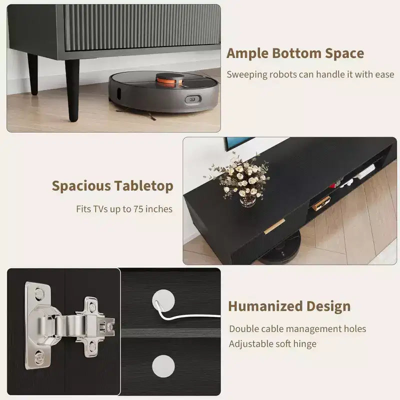 Modern TV Consoles for 75 Inch TVs, Entertainment Stand with 2 Large Storage Cabinets, Fluted Panel Design Media Console