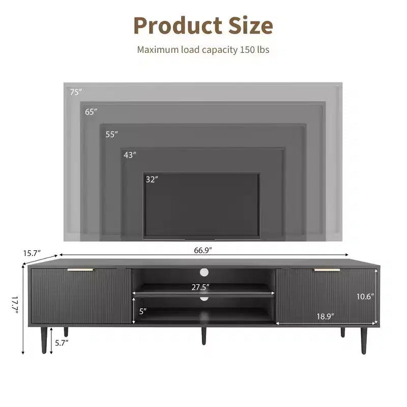 Modern TV Consoles for 75 Inch TVs, Entertainment Stand with 2 Large Storage Cabinets, Fluted Panel Design Media Console