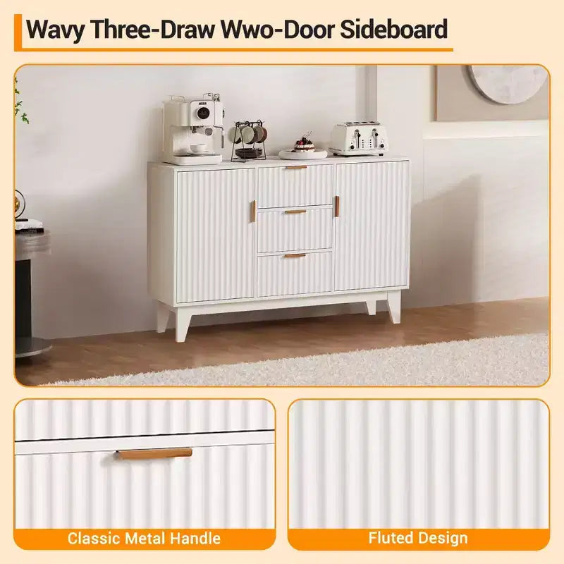Sideboard Buffet Cabinet, 47.2in Fluted Accent Storage Cabinet with 3 Drawers 2 Doors - White for Kitchen Living Room Entryway