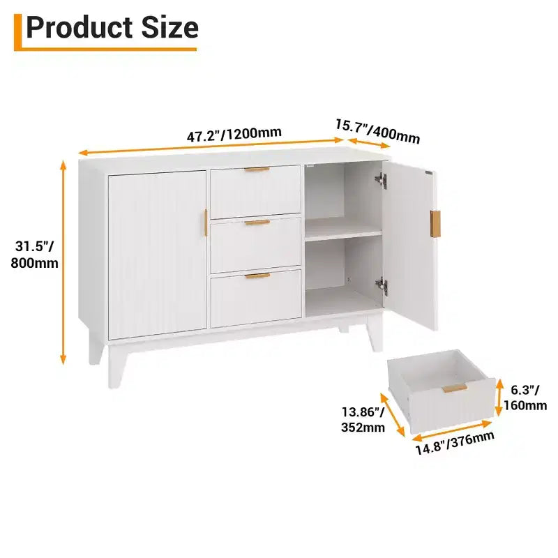 Sideboard Buffet Cabinet, 47.2in Fluted Accent Storage Cabinet with 3 Drawers 2 Doors - White for Kitchen Living Room Entryway