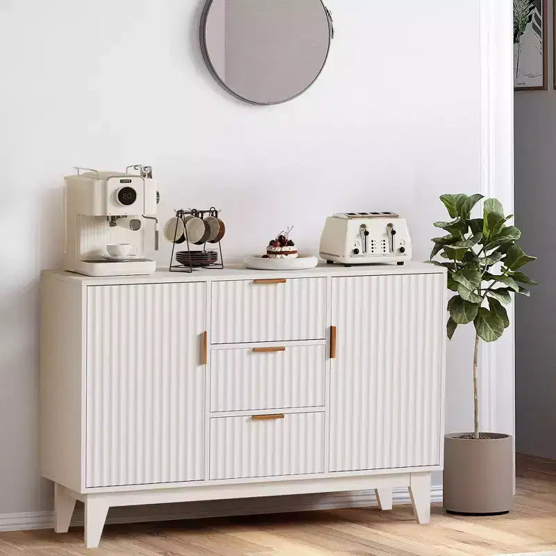 Sideboard Buffet Cabinet, 47.2in Fluted Accent Storage Cabinet with 3 Drawers 2 Doors - White for Kitchen Living Room Entryway