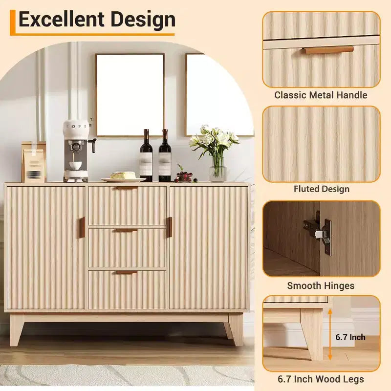 Sideboard Buffet Cabinet, 47.2in Fluted Accent Storage Cabinet with 3 Drawers 2 Doors - White for Kitchen Living Room Entryway