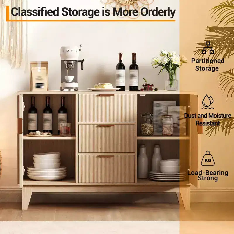 Sideboard Buffet Cabinet, 47.2in Fluted Accent Storage Cabinet with 3 Drawers 2 Doors - White for Kitchen Living Room Entryway
