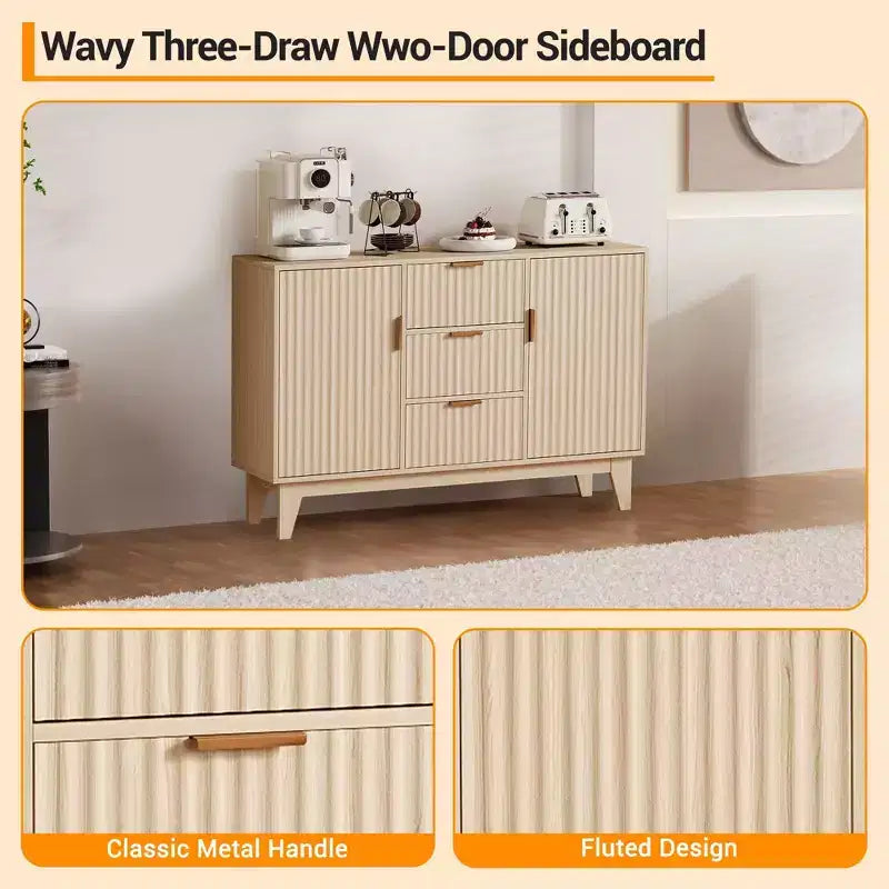 Sideboard Buffet Cabinet, 47.2in Fluted Accent Storage Cabinet with 3 Drawers 2 Doors - White for Kitchen Living Room Entryway