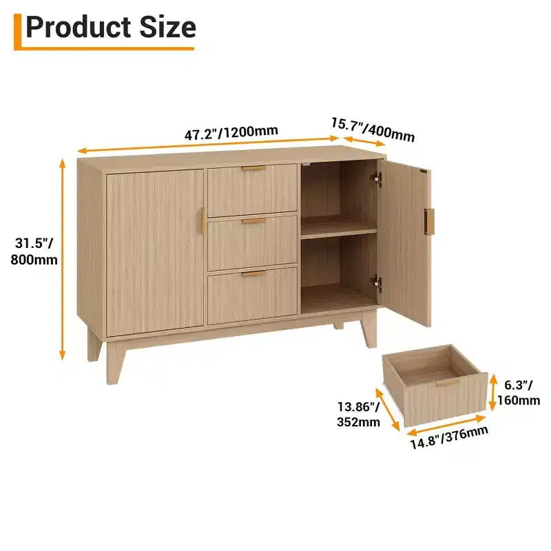 Sideboard Buffet Cabinet, 47.2in Fluted Accent Storage Cabinet with 3 Drawers 2 Doors - White for Kitchen Living Room Entryway