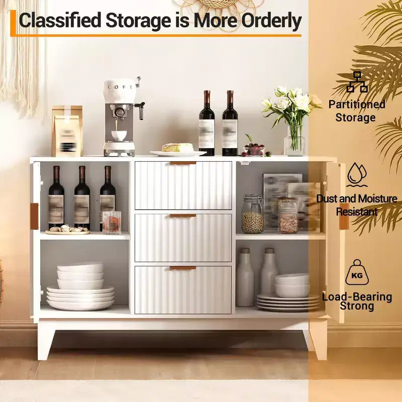 Sideboard Buffet Cabinet, 47.2in Fluted Accent Storage Cabinet with 3 Drawers 2 Doors - White for Kitchen Living Room Entryway