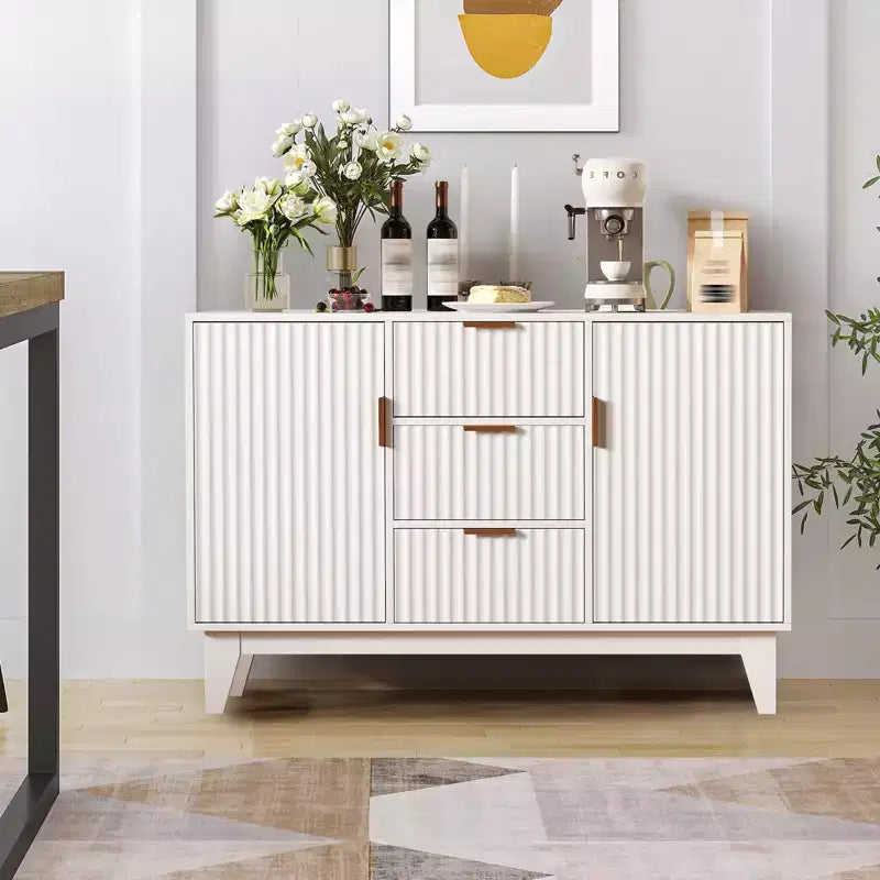 Sideboard Buffet Cabinet, 47.2in Fluted Accent Storage Cabinet with 3 Drawers 2 Doors - White for Kitchen Living Room Entryway