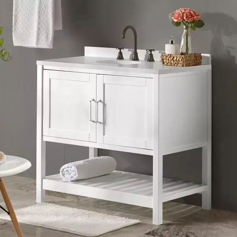 36 in. Bathroom Vanity without Top, Freestanding Shaker Cabinet with Soft-Close Doors and Slatted Bottom Shelf, White