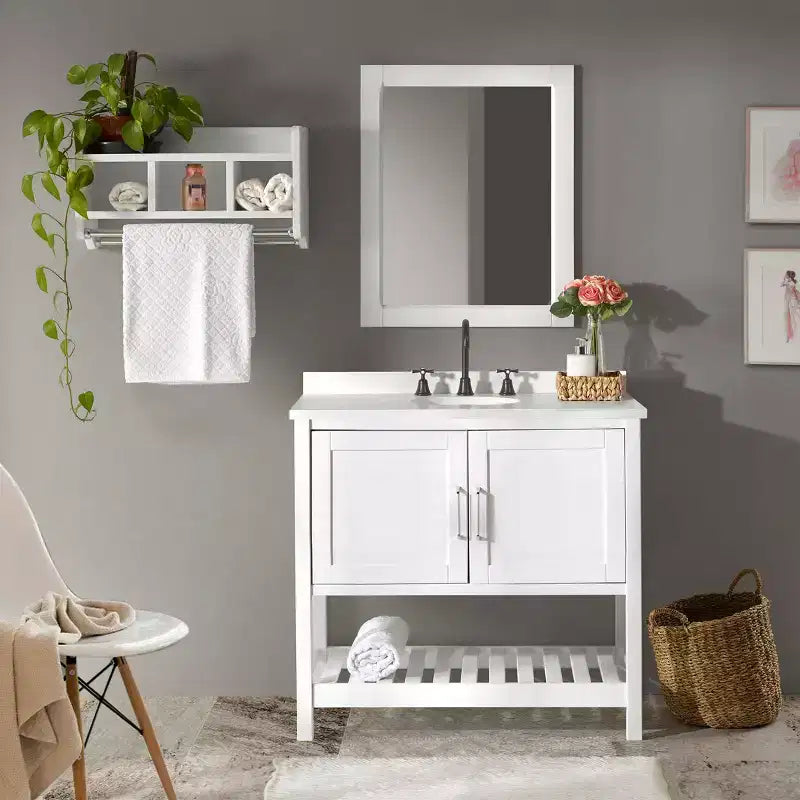36 in. Bathroom Vanity without Top, Freestanding Shaker Cabinet with Soft-Close Doors and Slatted Bottom Shelf, White