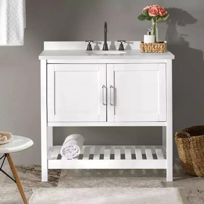 36 in. Bathroom Vanity without Top, Freestanding Shaker Cabinet with Soft-Close Doors and Slatted Bottom Shelf, White