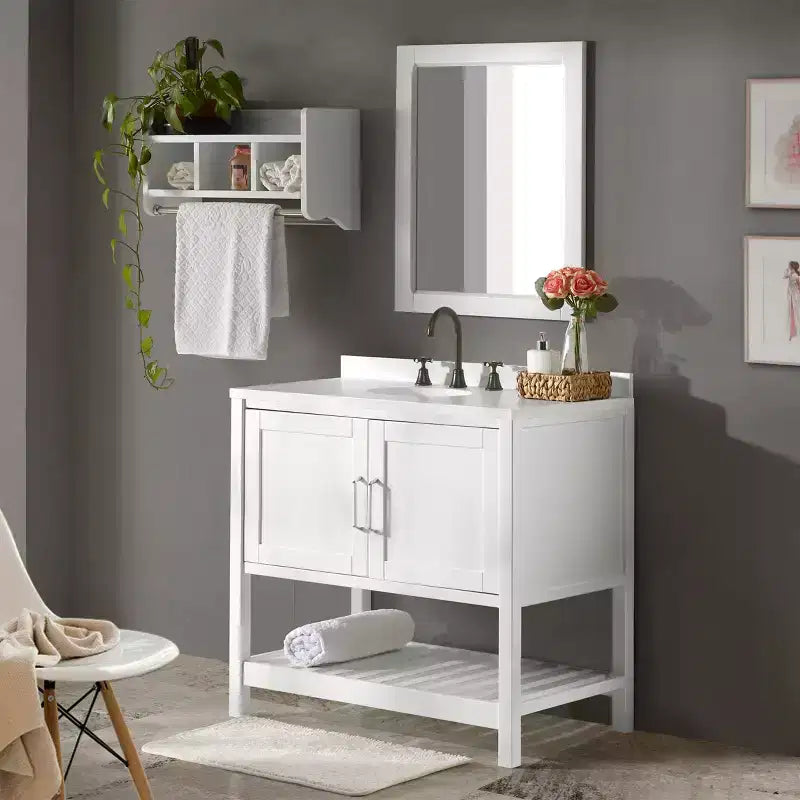 36 in. Bathroom Vanity without Top, Freestanding Shaker Cabinet with Soft-Close Doors and Slatted Bottom Shelf, White