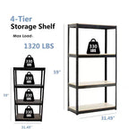 Black Adjustable 4-Tier Shelf Heavy-Duty Metal and Wood Storage Shelf Unit Garage Utility Rack with Boltless Assembly for Books, Kitchenware