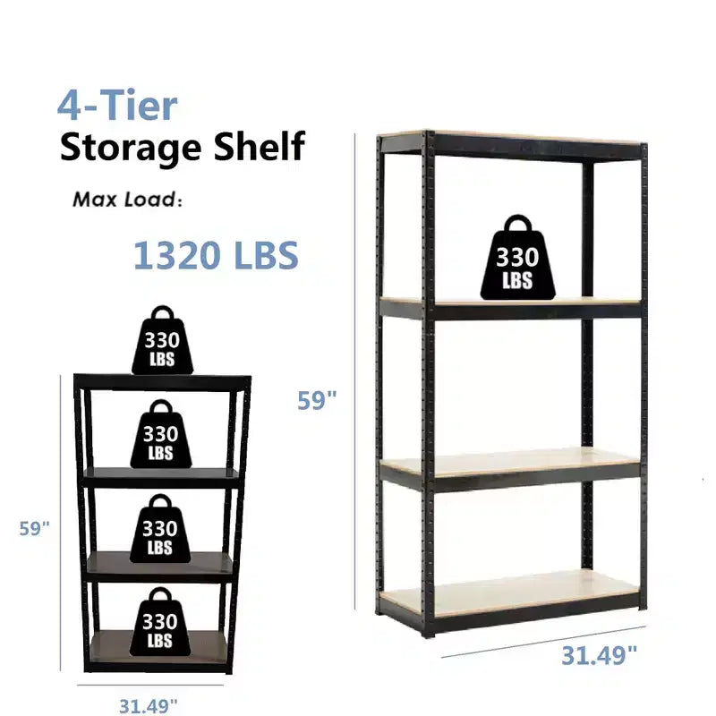 Black Adjustable 4-Tier Shelf Heavy-Duty Metal and Wood Storage Shelf Unit Garage Utility Rack with Boltless Assembly for Books, Kitchenware