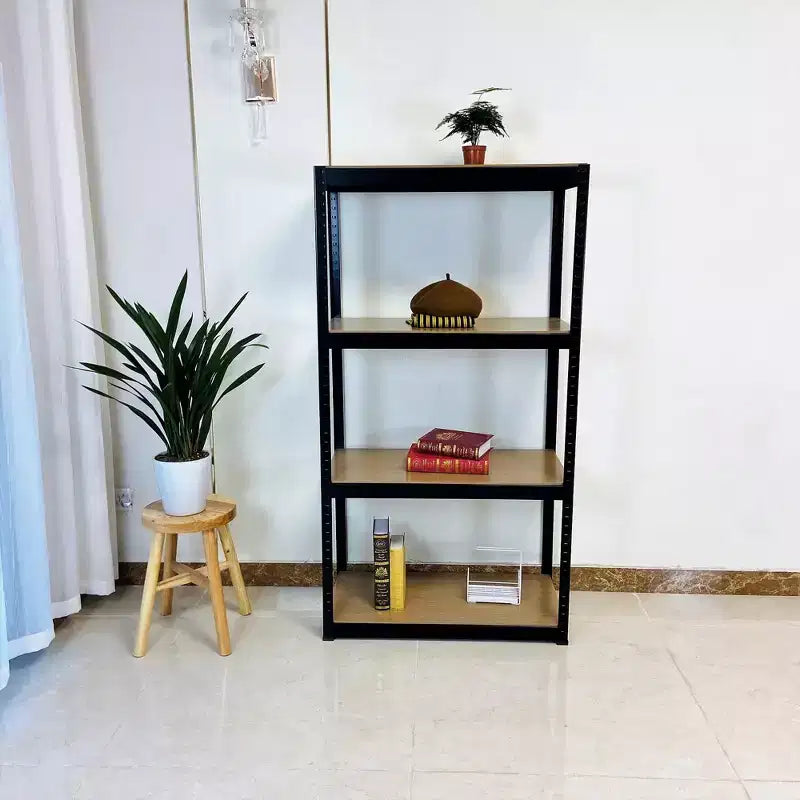 Black Adjustable 4-Tier Shelf Heavy-Duty Metal and Wood Storage Shelf Unit Garage Utility Rack with Boltless Assembly for Books, Kitchenware