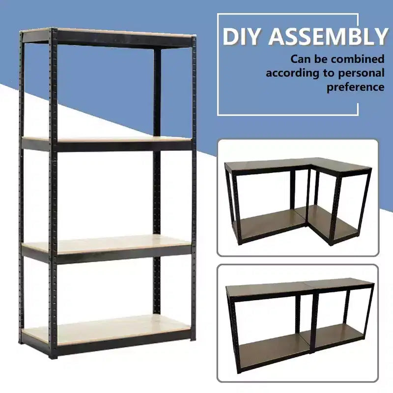 Black Adjustable 4-Tier Shelf Heavy-Duty Metal and Wood Storage Shelf Unit Garage Utility Rack with Boltless Assembly for Books, Kitchenware