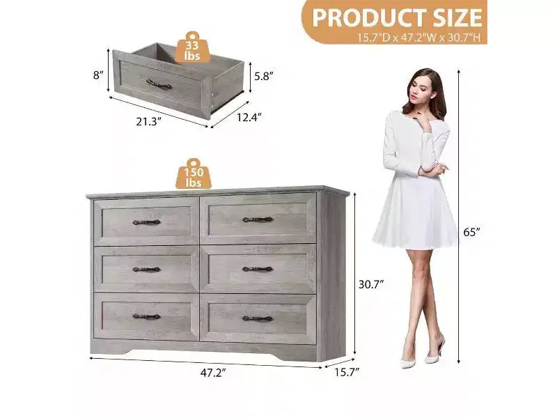 6 Drawer Dresser for Bedroom, Chest of Drawers, Farmhouse Modern Wooden Dresser, Storage Organizer
