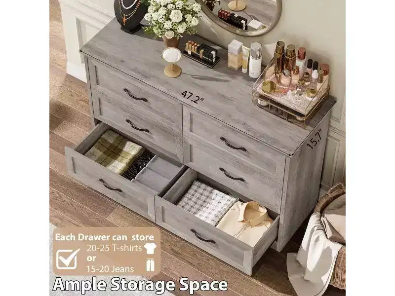 6 Drawer Dresser for Bedroom, Chest of Drawers, Farmhouse Modern Wooden Dresser, Storage Organizer