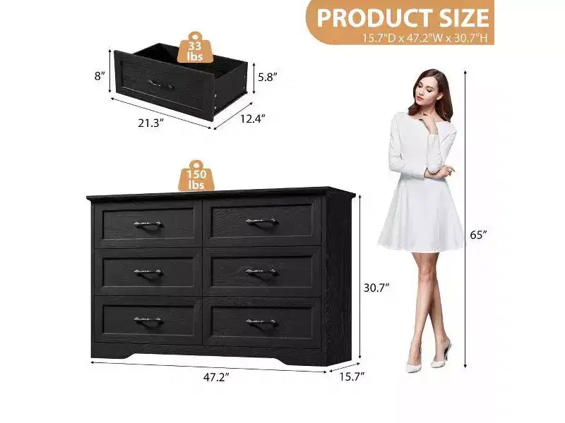 6 Drawer Dresser for Bedroom, Chest of Drawers, Farmhouse Modern Wooden Dresser, Storage Organizer