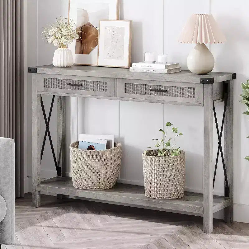 Rattan Console Table for Entryway - Boho Entryway Table with Storage and Drawers, Small Entry Tables, 43"