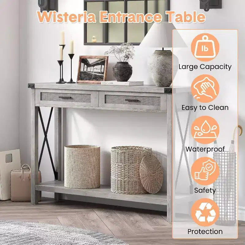 Rattan Console Table for Entryway - Boho Entryway Table with Storage and Drawers, Small Entry Tables, 43"