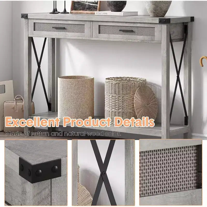 Rattan Console Table for Entryway - Boho Entryway Table with Storage and Drawers, Small Entry Tables, 43"